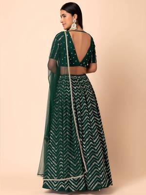 green sequins zari embroidered georgette lehenga set choli with dupatta with dupatta 4