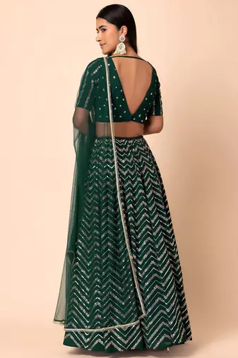 green sequins zari embroidered georgette lehenga set choli with dupatta with dupatta
