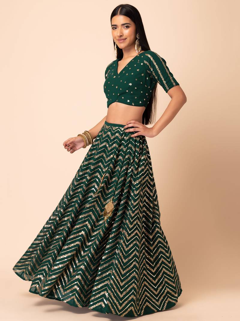 Wonderful Green Sequins Zari Embroidered Georgette Designer Lehenga Choli with Dupatta