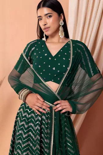 green sequins zari embroidered georgette lehenga set choli with dupatta with dupatta