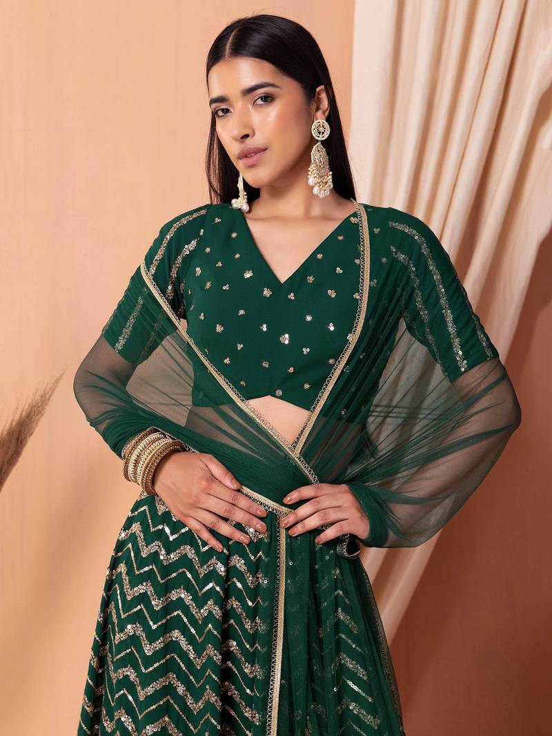 Wonderful Green Sequins Zari Embroidered Georgette Designer Lehenga Choli with Dupatta