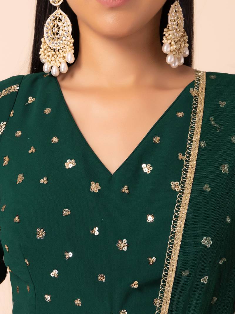 Wonderful Green Sequins Zari Embroidered Georgette Designer Lehenga Choli with Dupatta