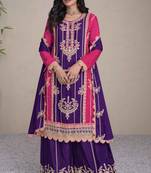Purple-pink embroidered chiffon free size stitched palazzo straight.(size up to 42")