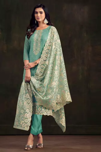 Teal green embroidered organza  pant straight.(size Free size full stitched Up To 42")