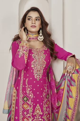 Pink embroidered chiffon free size stitched dhoti straight.(size up to 42")