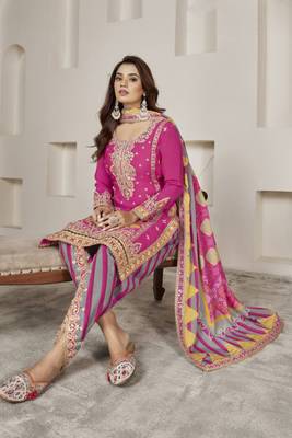 Pink embroidered chiffon free size stitched dhoti straight.(size up to 42") 2