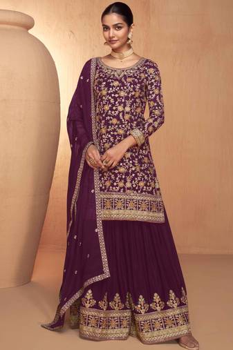 Purple embroidered chiffon free size stitched palazzo straight.(size Free size full stitched Up To 42")