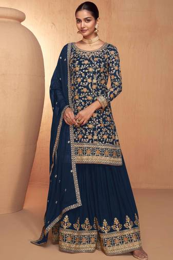 Blue embroidered chiffon free size stitched palazzo straight.(size Free size full stitched Up To 42")