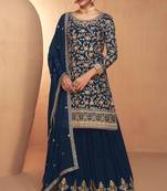 Blue embroidered chiffon free size stitched palazzo straight.(size Free size full stitched Up To 42")