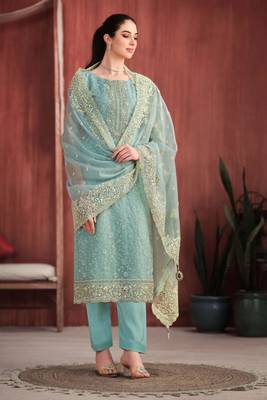 Blue embroidered organza  pant straight.(size Free size full stitched Up To 42") 1