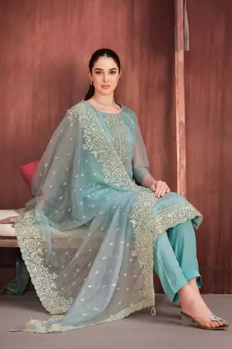 Blue embroidered organza  pant straight.(size Free size full stitched Up To 42")