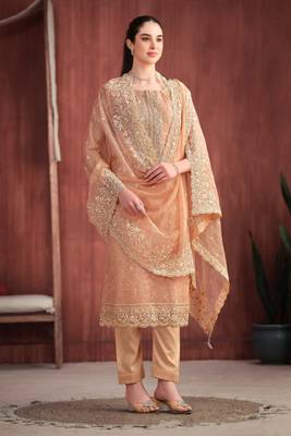 Peach embroidered organza semi-stitched pant straight.(size up to 42") 1