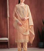 Peach embroidered organza semi-stitched pant straight.(size up to 42")