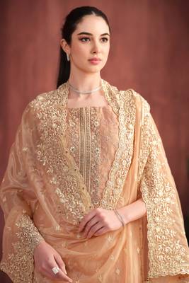 Peach embroidered organza semi-stitched pant straight.(size up to 42") 2