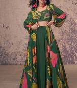 Green embroidered silk free size stitched palazzo blouse.(size up to 42")