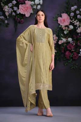 Olive green embroidered organza pant straight.(size Free size full stitched Up To 42") 1