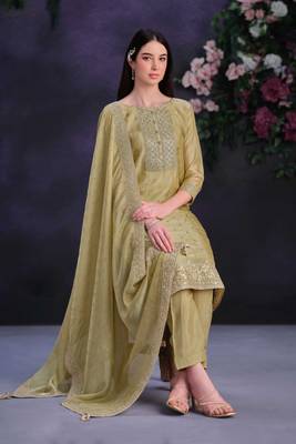 Olive green embroidered organza pant straight.(size Free size full stitched Up To 42") 2