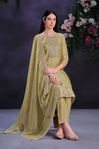 Olive green embroidered organza pant straight.(size Free size full stitched Up To 42")