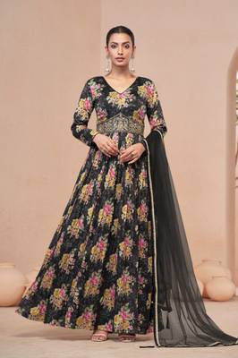black embroidered silk free size stitched gown.(size Free size full stitched Up To 42") 1