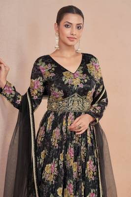 black embroidered silk free size stitched gown.(size Free size full stitched Up To 42") 2