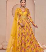 mustard embroidered silk free size stitched gown.(size Free size full stitched Up To 42")