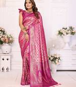 Pink Kasturi style of silk bland zari border thread work saree with blouse