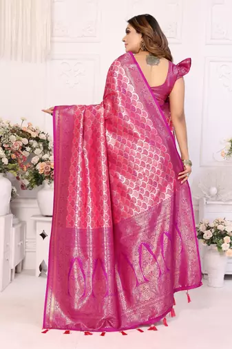 Pink Kasturi style of silk bland zari border thread work saree with blouse