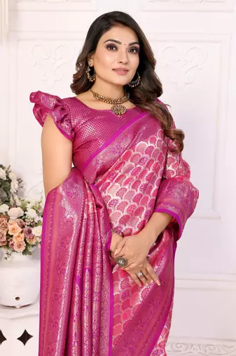 Pink Kasturi style of silk bland zari border thread work saree with blouse
