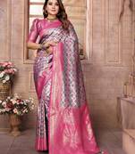 Purple Kasturi style of silk bland zari border thread work saree with blouse
