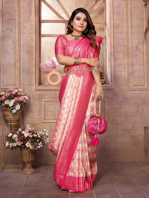 Peach Kasturi style of silk bland zari border thread work saree with blouse 3