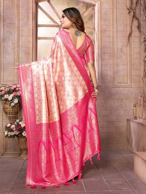 Peach Kasturi style of silk bland zari border thread work saree with blouse 4