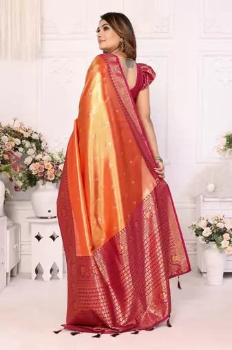 Orange Eishwari tissue soft silk bland contrust border saree with Blouse