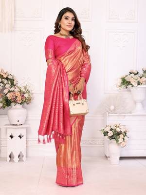 Peach Eishwari tissue soft silk bland contrust border saree with Blouse 3
