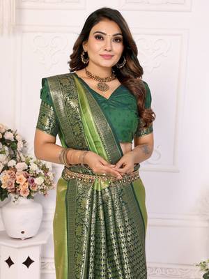 Parrot Eishwari tissue soft silk bland contrust border saree with Blouse 5