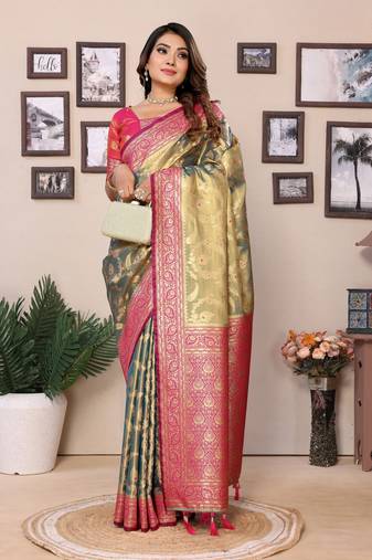 Parrot Green Hemvanti tissue soft silk bland contrust border saree with Blouse