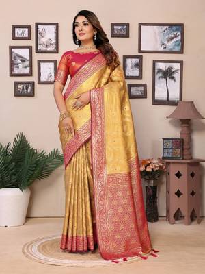 Mustared Hemvanti tissue soft silk bland contrust border saree with Blouse 1