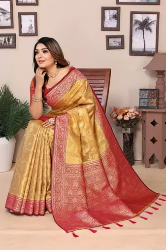 Mustared Hemvanti tissue soft silk bland contrust border saree with Blouse