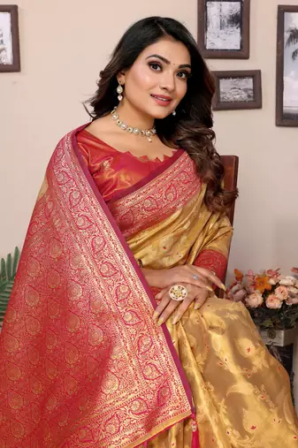 Mustared Hemvanti tissue soft silk bland contrust border saree with Blouse