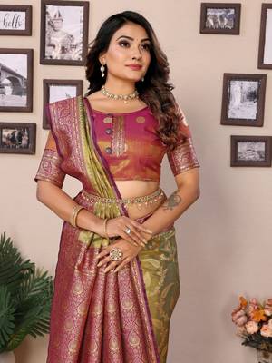 Mahendi Hemvanti tissue soft silk bland contrust border saree with Blouse 5