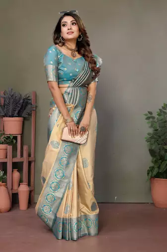 Sky Blue Viscose Saree Contrast Border & Zari Rich Pallu Saree With Blouse
