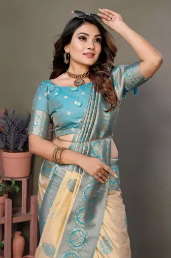 Sky Blue Viscose Saree Contrast Border & Zari Rich Pallu Saree With Blouse