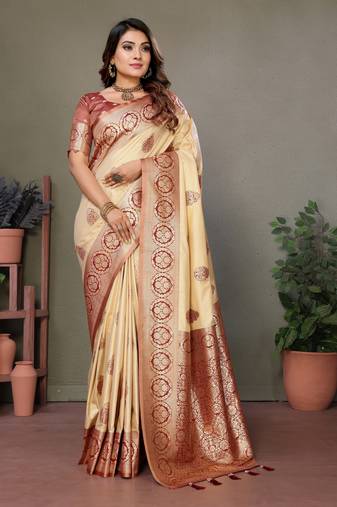Maroon Viscose Silk Saree Contrast Border & Zari Rich Pallu Saree With Blouse