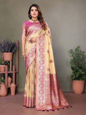 Pink Viscose Silk Saree Contrast Border & Zari Rich Pallu Saree With Blouse 1