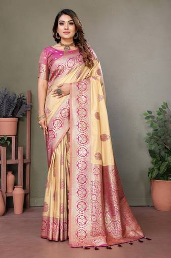 Pink Viscose Silk Saree Contrast Border & Zari Rich Pallu Saree With Blouse