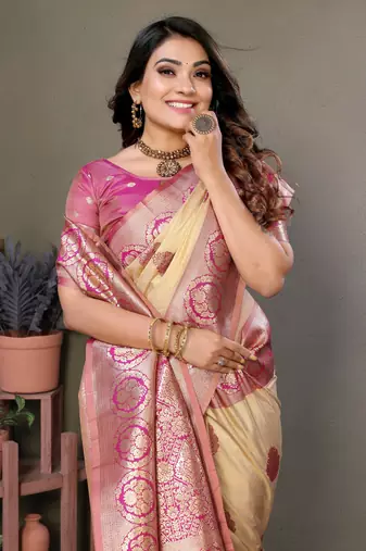 Pink Viscose Silk Saree Contrast Border & Zari Rich Pallu Saree With Blouse