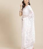 hand embroidered white georgette lucknow chikan saree with blouse  