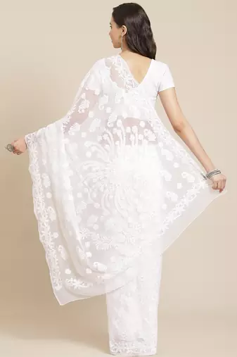 hand embroidered white georgette lucknow chikan saree with blouse  