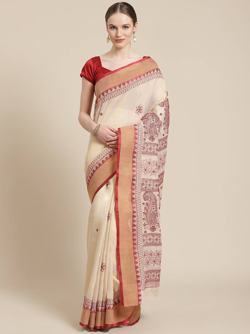 hand embroidered fawn kota lucknow chikankari saree with blouse