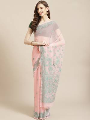 hand embroidered peach georgette lucknowi chikankari saree with blouse  1