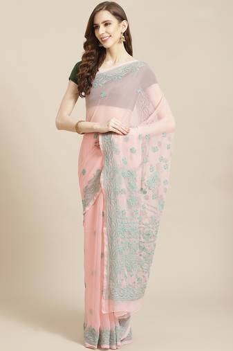 hand embroidered peach georgette lucknowi chikankari saree with blouse 